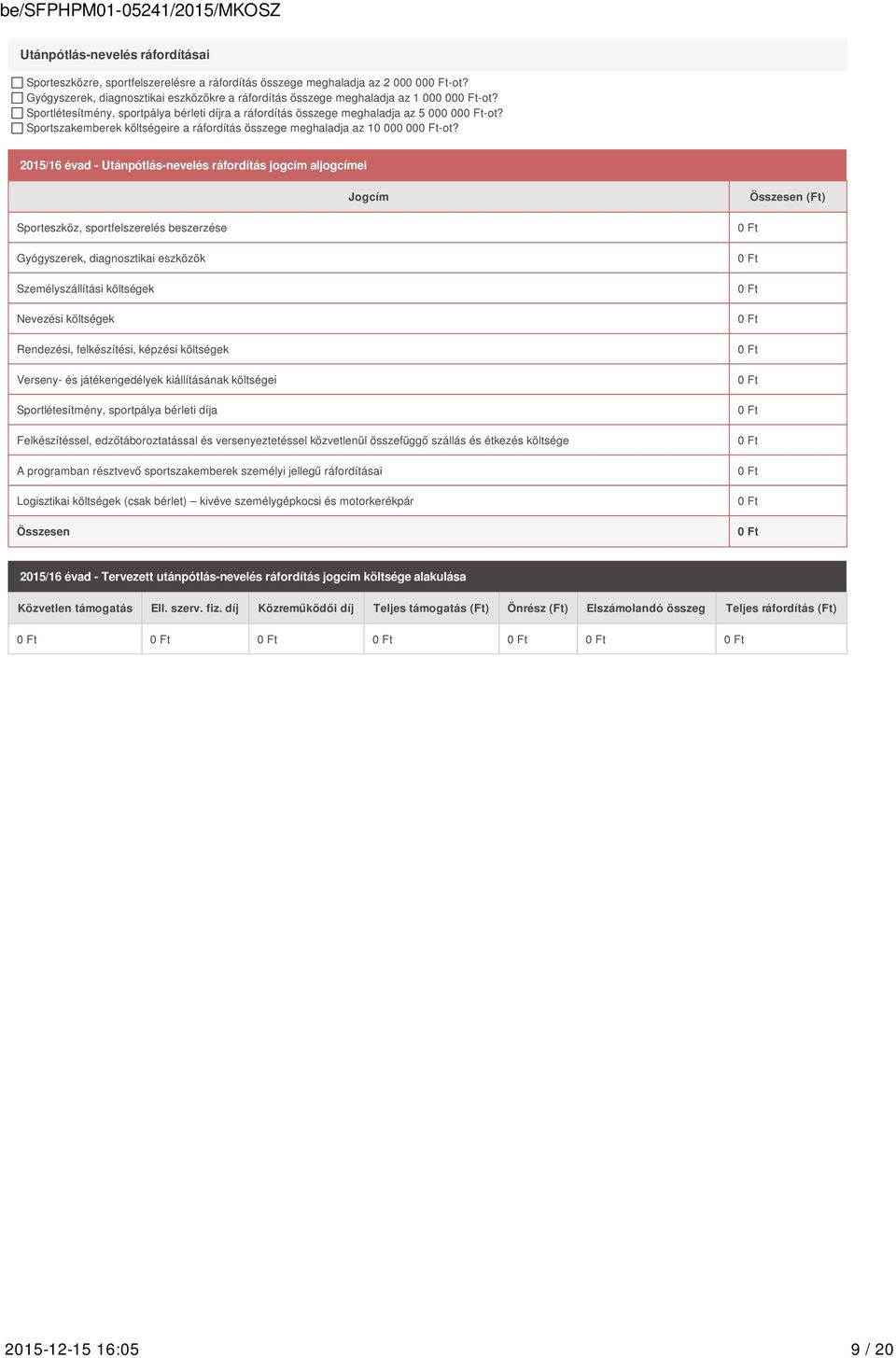 2015/16 évad - Utánpótlás-nevelés ráfordítás jogcím aljogcímei Jogcím Összesen Sporteszköz, sportfelszerelés beszerzése Gyógyszerek, diagnosztikai eszközök Személyszállítási költségek Nevezési