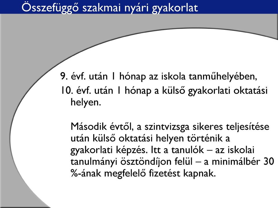 Második évtől, a szintvizsga sikeres teljesítése után külső oktatási helyen történik a