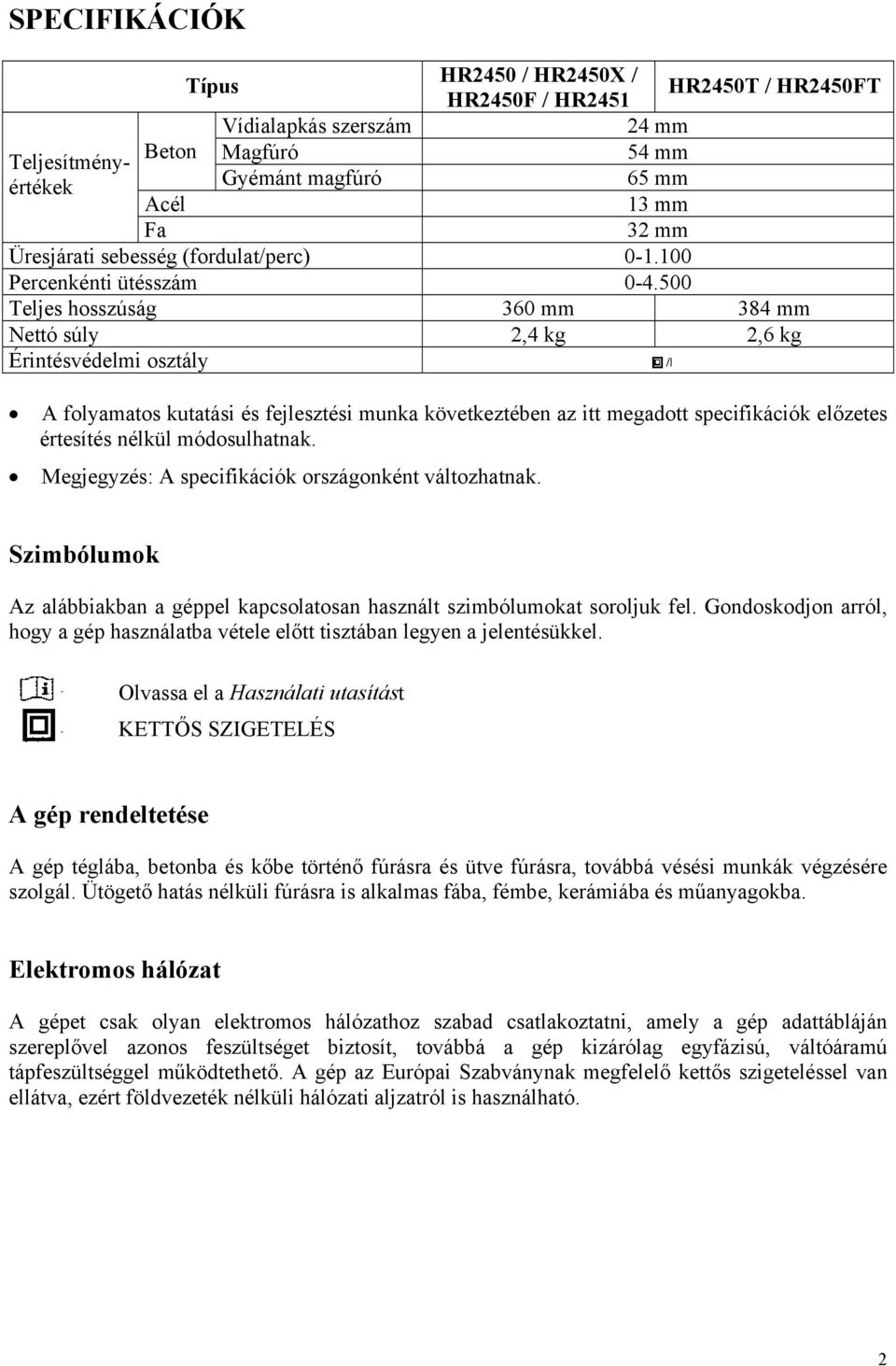 500 Teljes hosszúság 360 mm 384 mm Nettó súly 2,4 kg 2,6 kg Érintésvédelmi osztály A folyamatos kutatási és fejlesztési munka következtében az itt megadott specifikációk előzetes értesítés nélkül