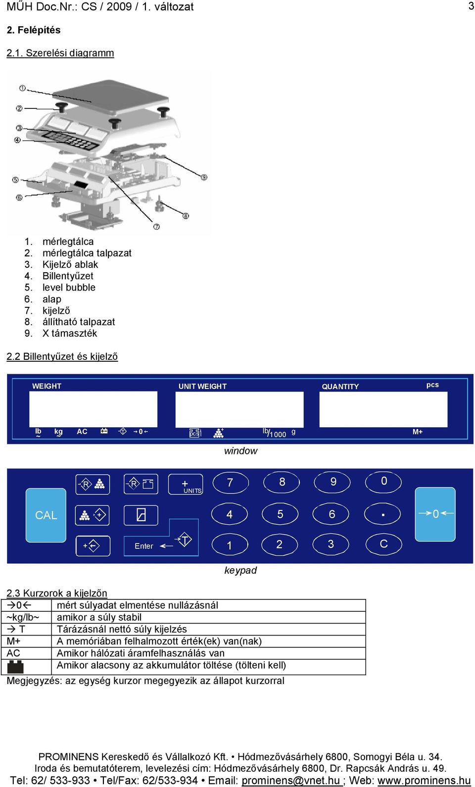 2 Billentyűzet és kijelző WEIGHT UNIT WEIGHT QUANTITY pcs lb kg AC ~ ~ T pcs lb/ 1 g M window CAL UNITS 7 4 8 5 9 6. Enter T 1 2 3 C keypad 2.