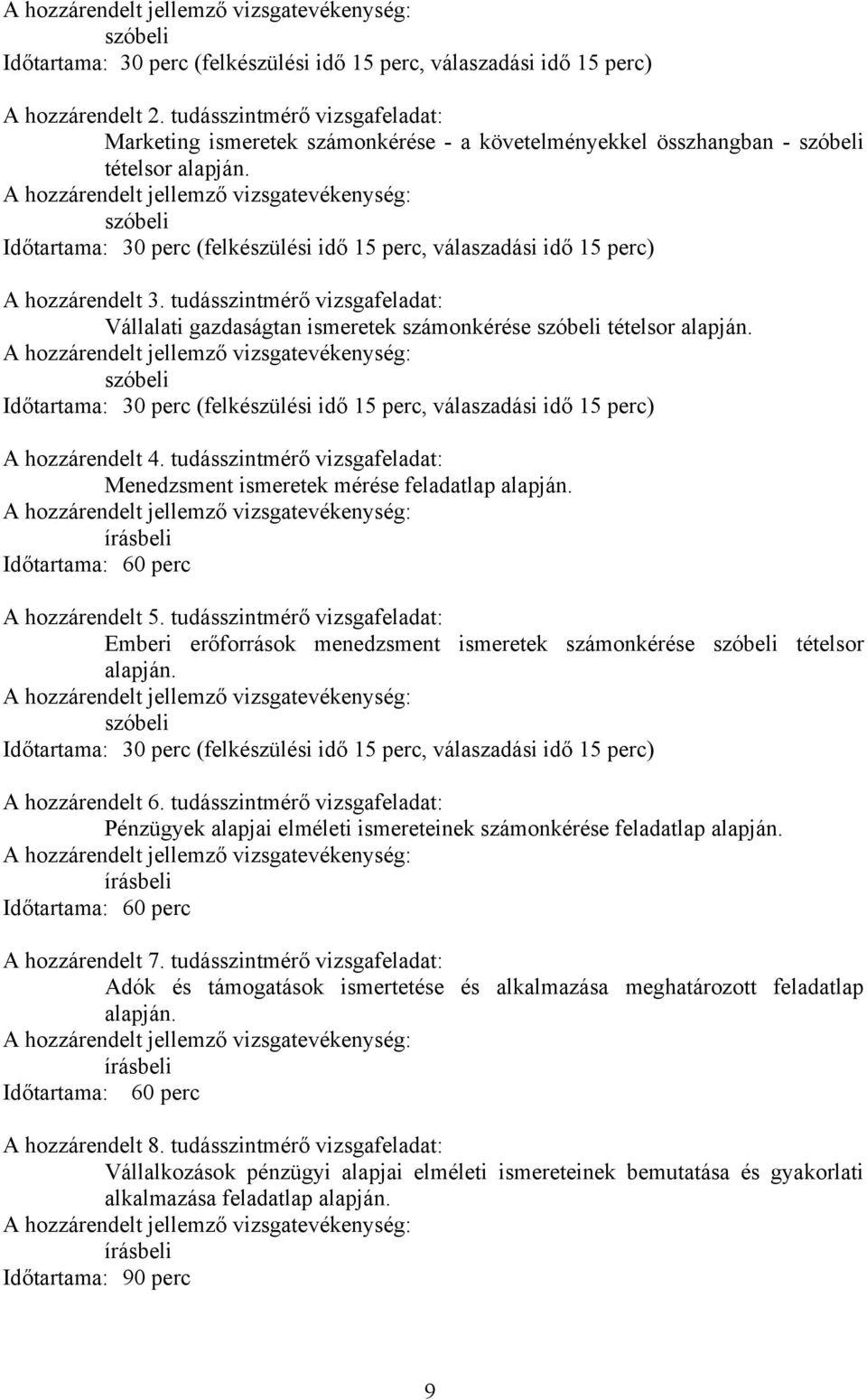 szóbeli Időtartama: 30 perc (felkészülési idő 15 perc, válaszadási idő 15 perc) A hozzárendelt 3. tudásszintmérő vizsgafeladat: Vállalati gazdaságtan ismeretek számonkérése szóbeli tételsor alapján.