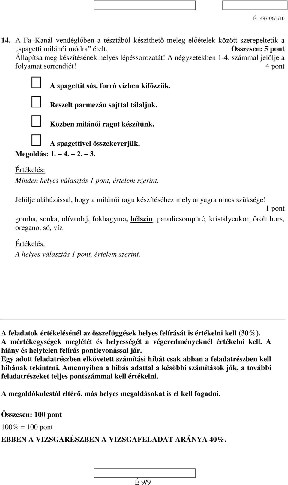 A spagettivel összekeverjük. Megoldás: 1. 4. 2. 3. Minden helyes választás 1 pont, értelem szerint. Jelölje aláhúzással, hogy a milánói ragu készítéséhez mely anyagra nincs szüksége!
