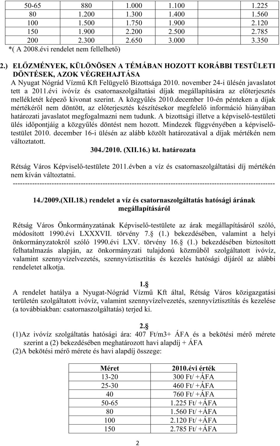 évi ivóvíz és csatornaszolgáltatási díjak megállapítására az elterjesztés mellékletét képez kivonat szerint. A közgylés 2010.