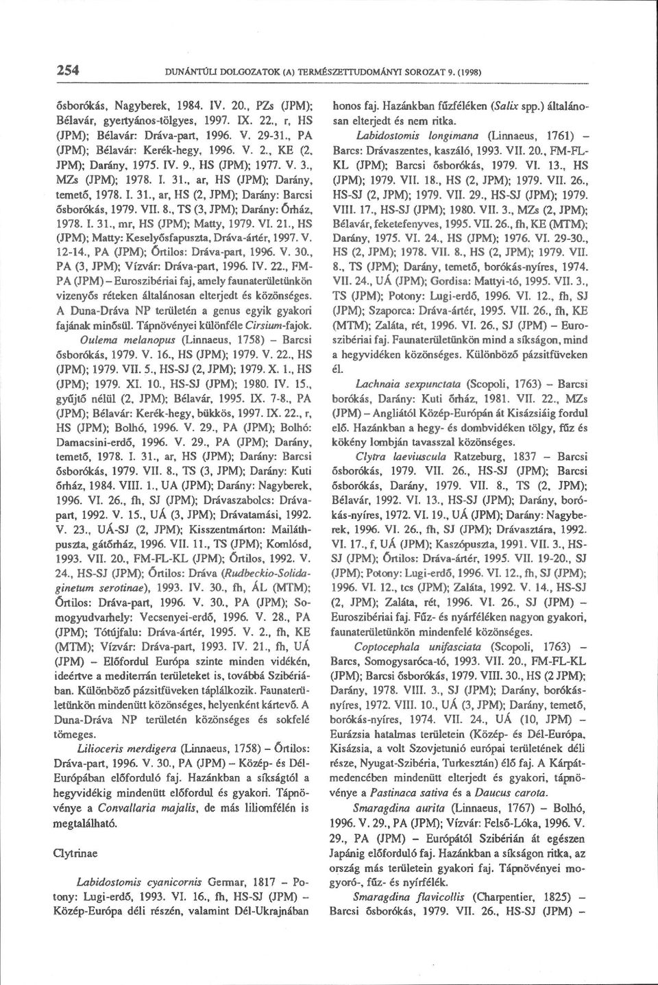 VII. 8., TS (3, JPM); Darány: Órház, 1978. I. 31., mr, HS (JPM); Matty, 1979. VI. 21., HS (JPM); Matty: Keselyősfapuszta, Dráva-ártér, 1997. V. 12-14., PA (JPM); órtilos: Dráva-part, 1996. V. 30.