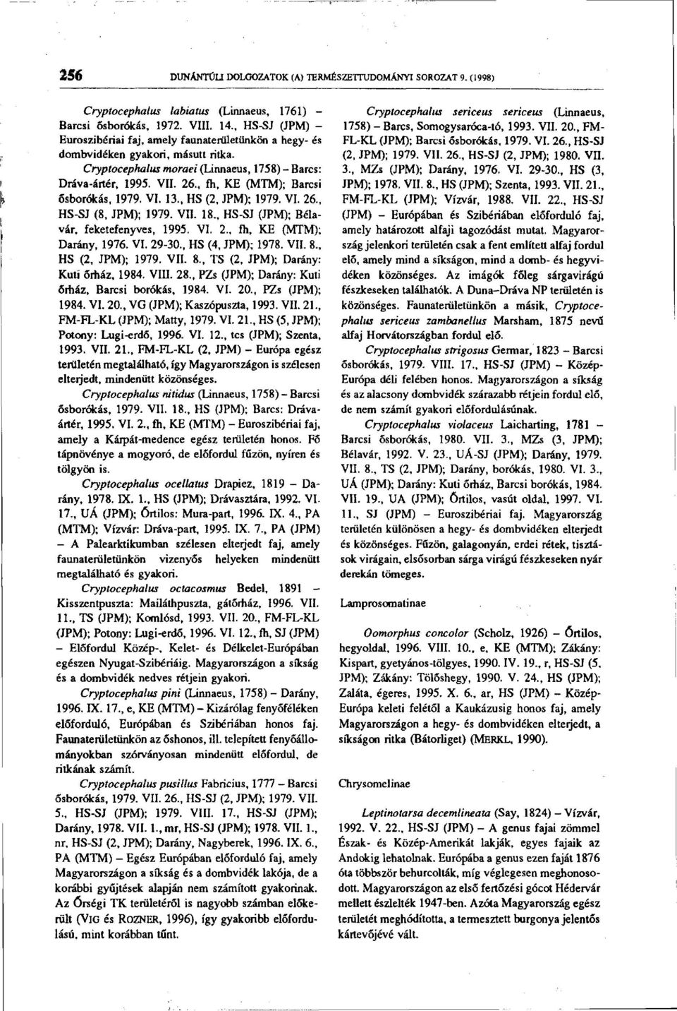 , fh, KE (MTM); Barcsi ősborókás, 1979. VI. 13., HS (2, JPM); 1979. VI. 26., HS-SJ (8, JPM); 1979. VII. 18., HS-SJ (JPM); Bélavár, feketefenyves, 1995. VI. 2., fh, KE (MTM); Darány, 1976. VI. 29-30.