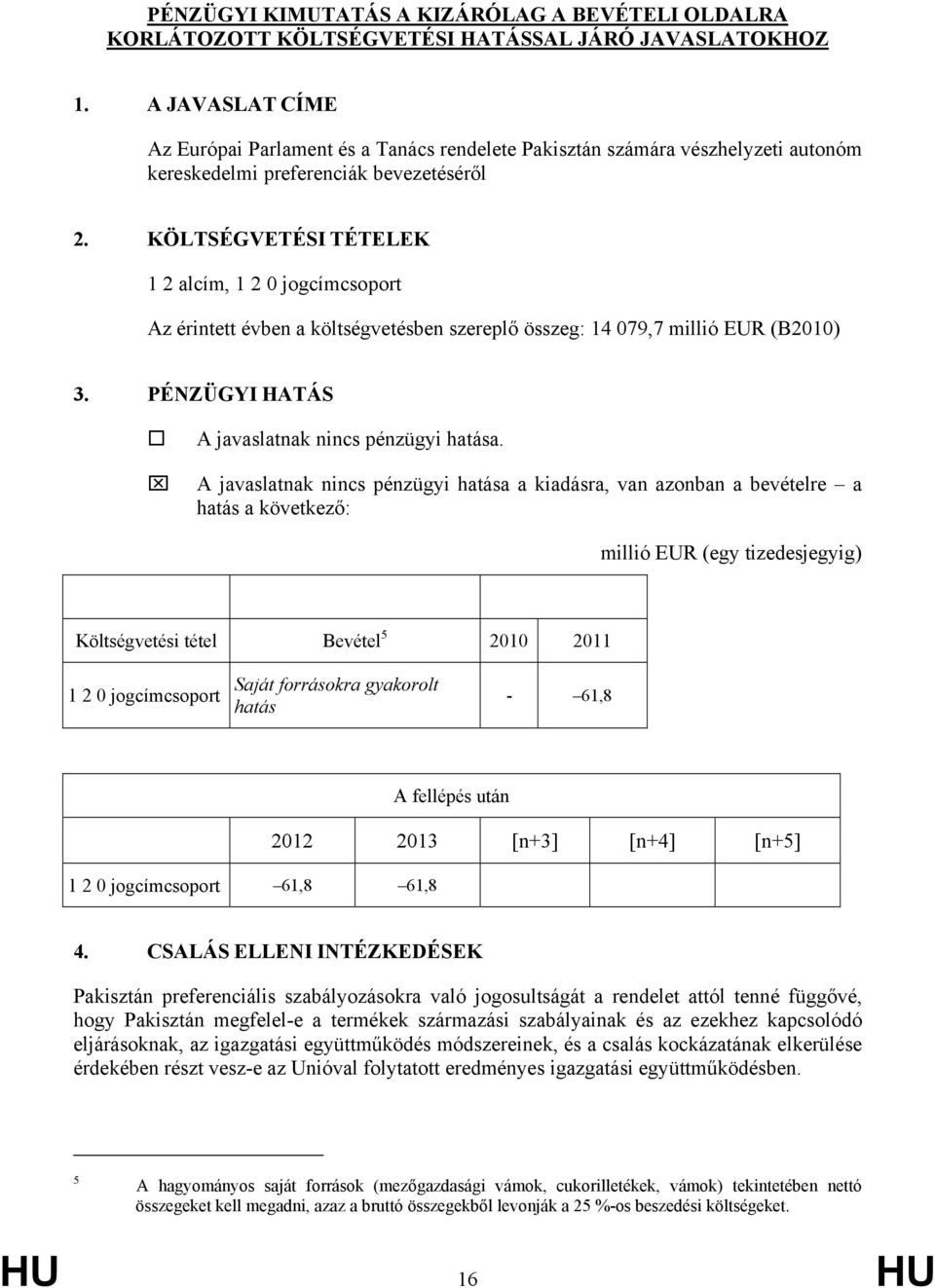 KÖLTSÉGVETÉSI TÉTELEK 1 2 alcím, 1 2 0 jogcímcsoport Az érintett évben a költségvetésben szereplő összeg: 14 079,7 millió EUR (B2010) 3. PÉNZÜGYI HATÁS A javaslatnak nincs pénzügyi hatása.