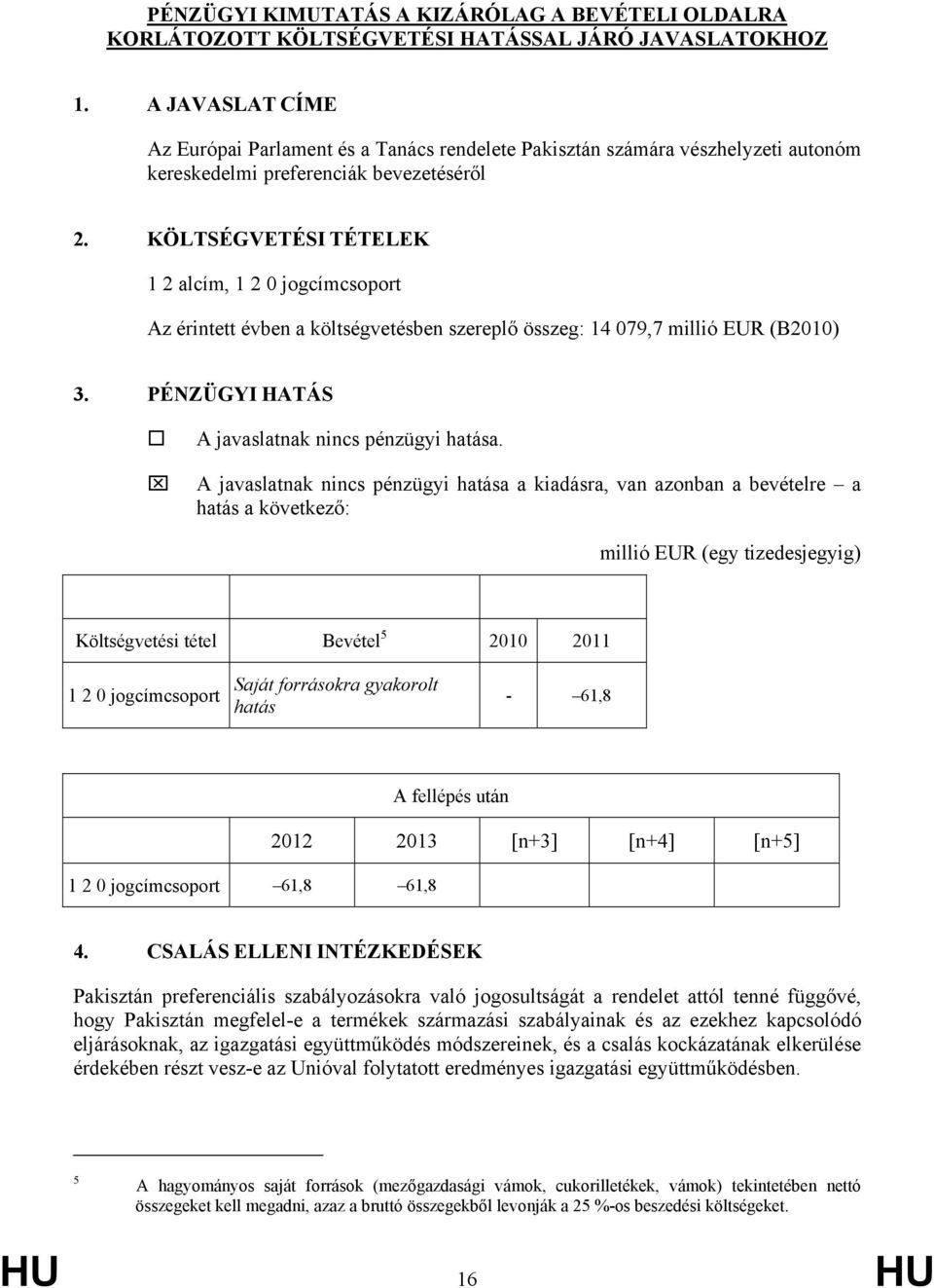 KÖLTSÉGVETÉSI TÉTELEK 1 2 alcím, 1 2 0 jogcímcsoport Az érintett évben a költségvetésben szereplő összeg: 14 079,7 millió EUR (B2010) 3. PÉNZÜGYI HATÁS A javaslatnak nincs pénzügyi hatása.