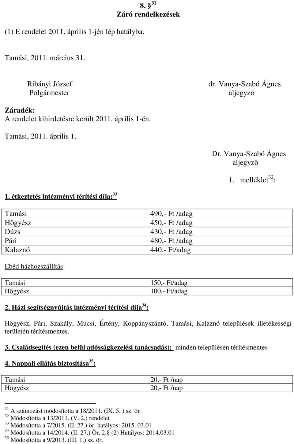 étkeztetés intézményi térítési díja: 33 Tamási Hőgyész Dúzs Pári Kalaznó 490,- Ft /adag 450,- Ft /adag 430,- Ft /adag 480,- Ft /adag 440,- Ft/adag Ebéd házhozszállítás: Tamási Hőgyész 150,- Ft/adag