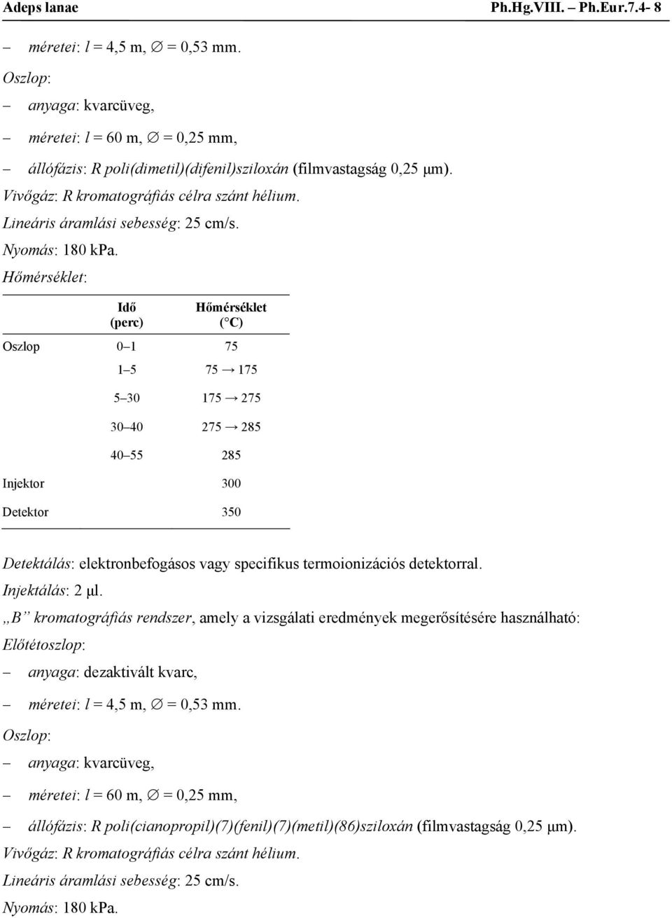 Hőmérséklet: Idő (perc) Hőmérséklet ( C) Oszlop 0 1 75 1 5 75 175 5 30 175 275 30 40 275 285 40 55 285 Injektor 300 Detektor 350 Detektálás: elektronbefogásos vagy specifikus termoionizációs