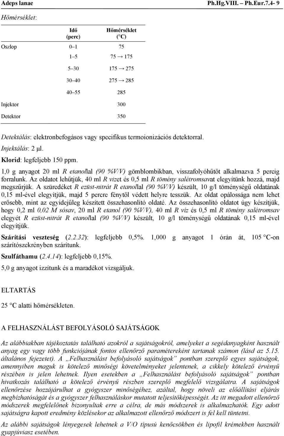 detektorral. Injektálás: 2 μl. Klorid: legfeljebb 150 ppm. 1,0 g anyagot 20 ml R etanollal (90 %V/V) gömblombikban, visszafolyóhűtőt alkalmazva 5 percig forralunk.