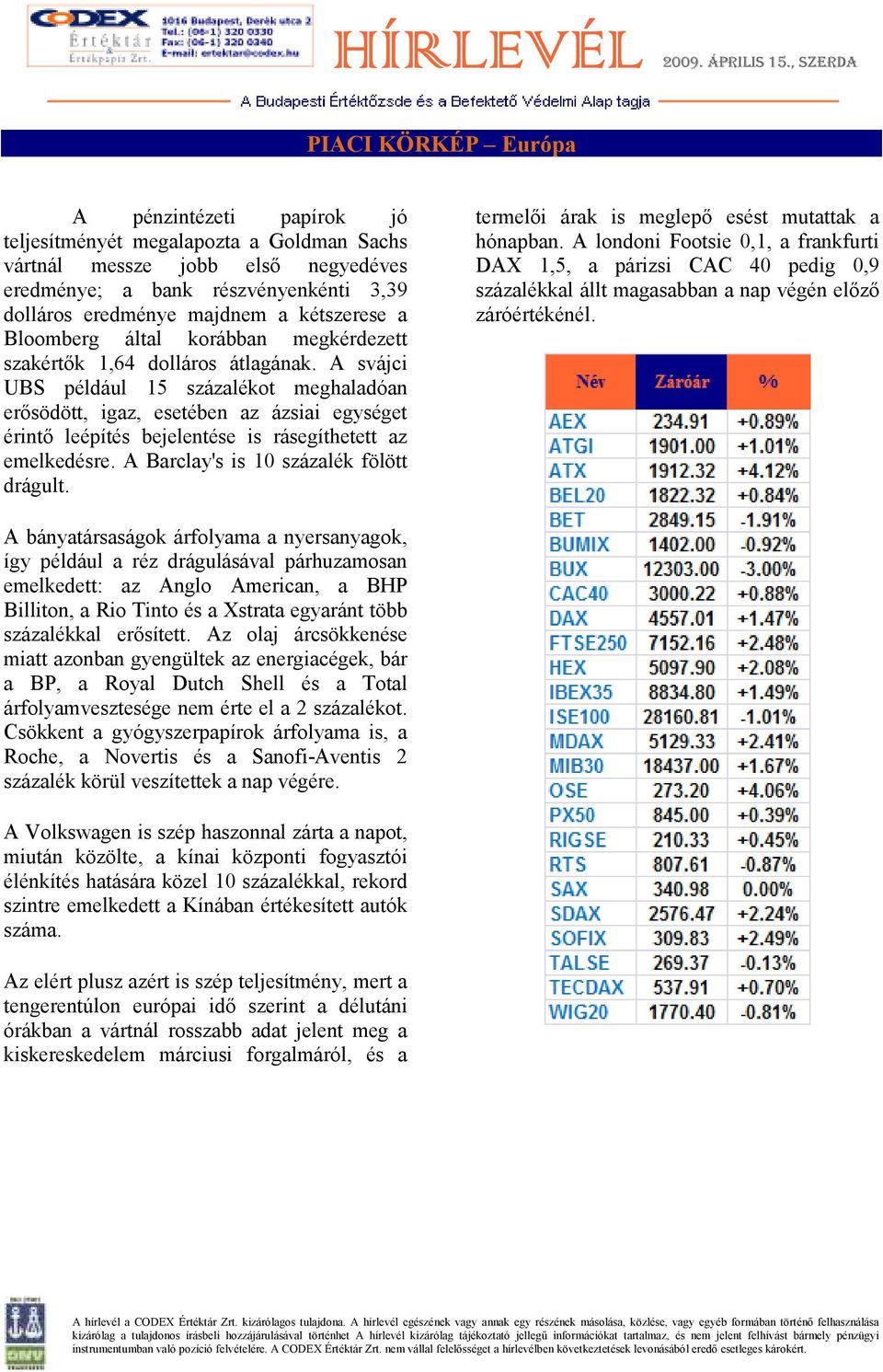 A svájci UBS például 15 százalékot meghaladóan erısödött, igaz, esetében az ázsiai egységet érintı leépítés bejelentése is rásegíthetett az emelkedésre. A Barclay's is 10 százalék fölött drágult.