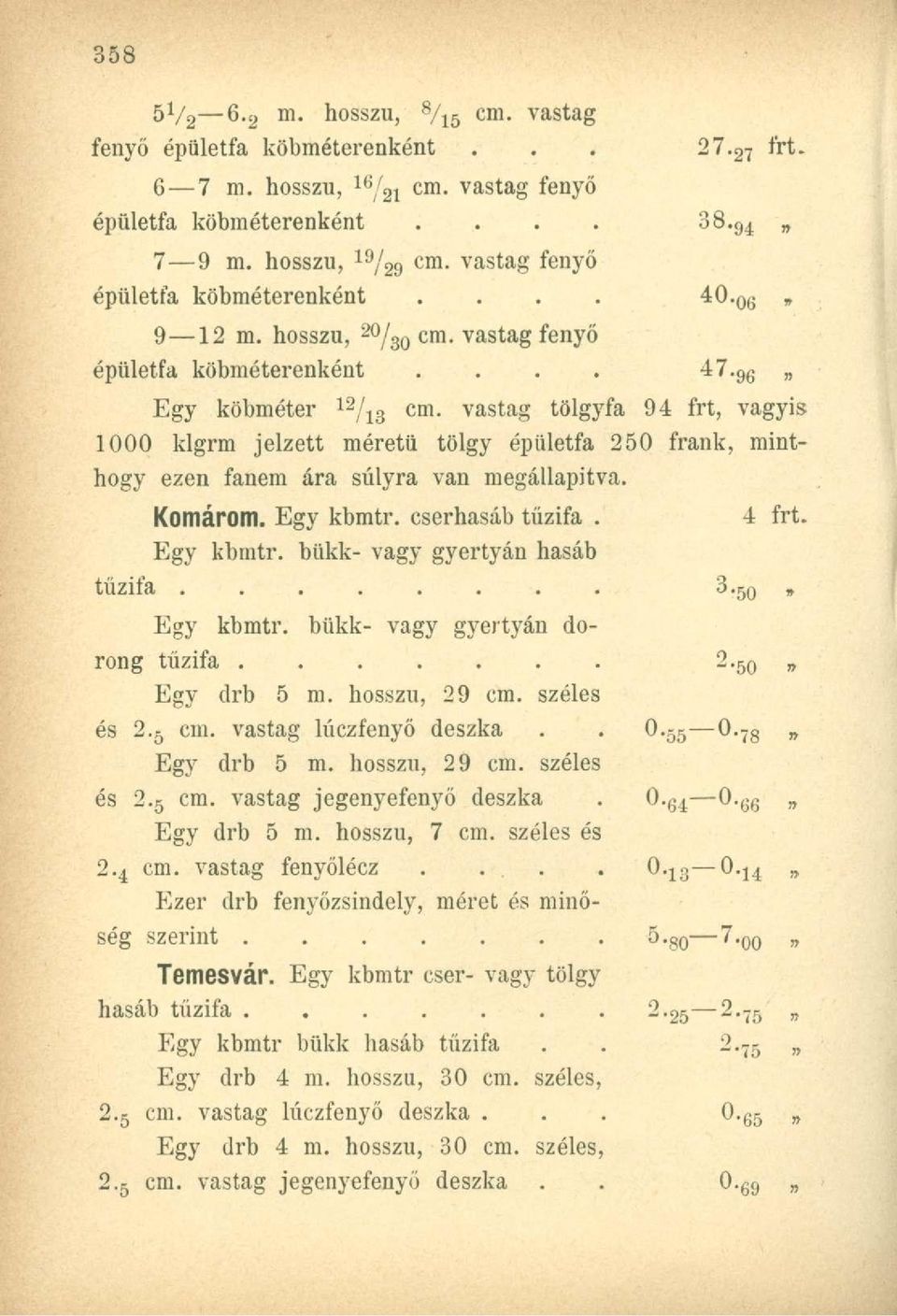 vastag fa 94 frt, vagyis 1000 klgrm jelzett méretű épületfa 250 frank, minthogy ezen fanem ára súlyra van megállapítva. Komárom. kbmtr. cserhasáb tűzifa. kbmtr. bükk- vagy gyertyán hasáb 4 frt.