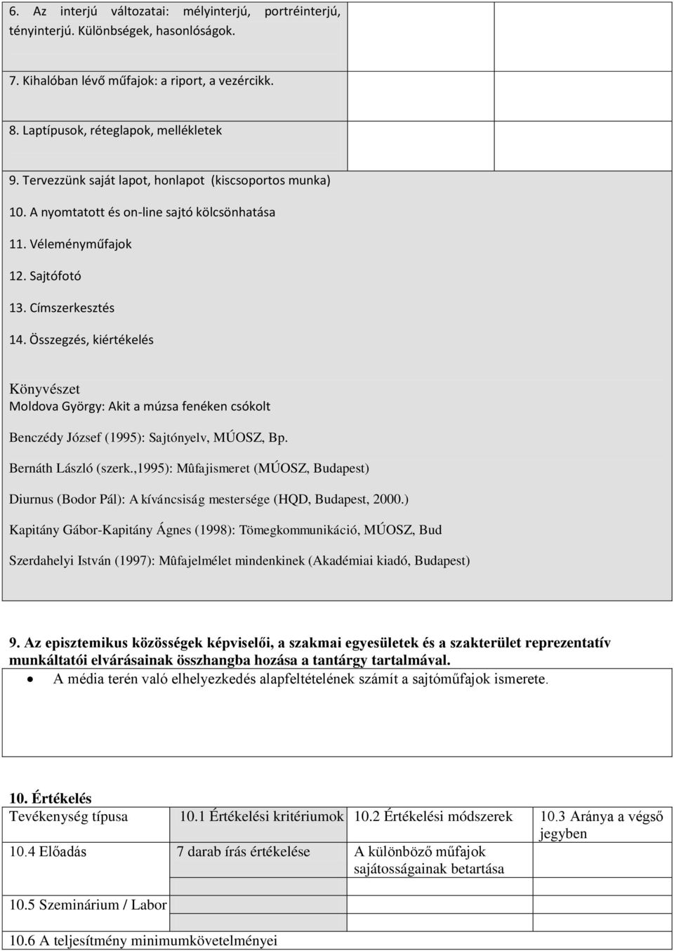 Összegzés, kiértékelés Könyvészet Moldova György: Akit a múzsa fenéken csókolt Benczédy József (1995): Sajtónyelv, MÚOSZ, Bp. Bernáth László (szerk.