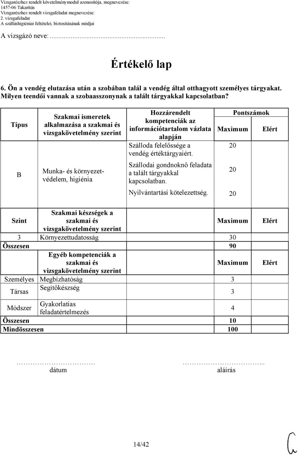 Típus Szakmai ismeretek alkalmazása a Hozzárendelt kompetenciák az információtartalom vázlata alapján Szálloda felelőssége a vendég értéktárgyaiért.