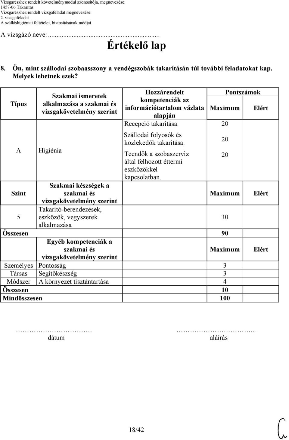 információtartalom vázlata alapján Recepció takarítása. Szállodai folyosók és közlekedők takarítása.