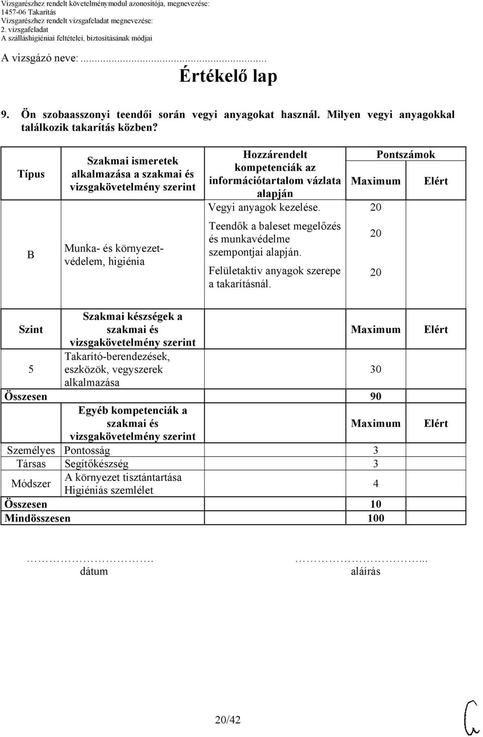 Pontszámok B Munka- és környezetvédelem, higiénia Teendők a baleset megelőzés és munkavédelme szempontjai alapján. Felületaktív anyagok szerepe a takarításnál.