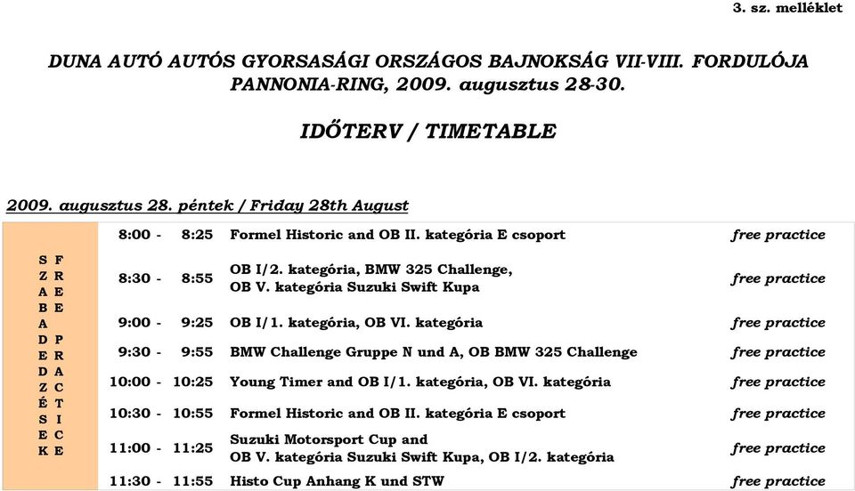 kategória, OB VI. kategória free practice 9:30-9:55 BMW Challenge Gruppe N und A, OB BMW 325 Challenge free practice 10:00-10:25 Young Timer and OB I/1. kategória, OB VI.