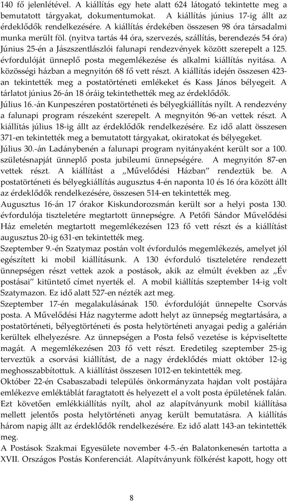 (nyitva tartás 44 óra, szervezés, szállítás, berendezés 54 óra) Június 25 én a Jászszentlászlói falunapi rendezvények között szerepelt a 125.