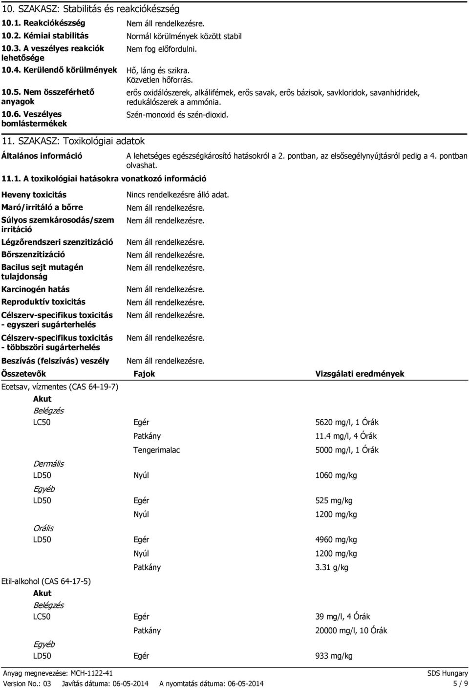 SZAKASZ: Toxikológiai adatok Általános információ erős oxidálószerek, alkálifémek, erős savak, erős bázisok, savkloridok, savanhidridek, redukálószerek a ammónia. Szén-monoxid és szén-dioxid. 11