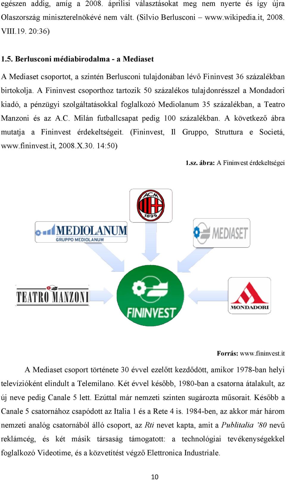 A Fininvest csoporthoz tartozik 50 százalékos tulajdonrésszel a Mondadori kiadó, a pénzügyi szolgáltatásokkal foglalkozó Mediolanum 35 százalékban, a Teatro Manzoni és az A.C.