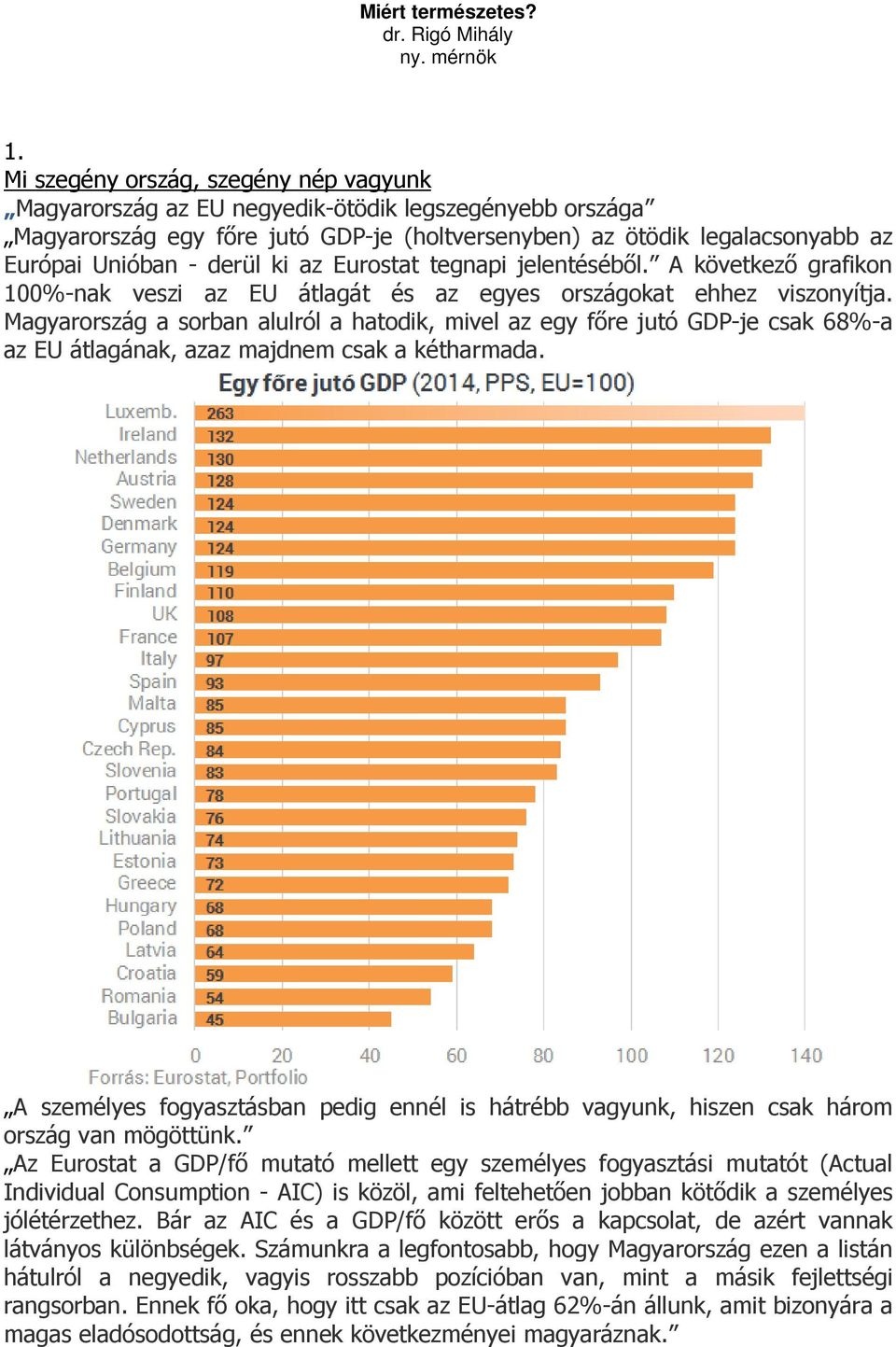 ki az Eurostat tegnapi jelentésébıl. A következı grafikon 100%-nak veszi az EU átlagát és az egyes országokat ehhez viszonyítja.
