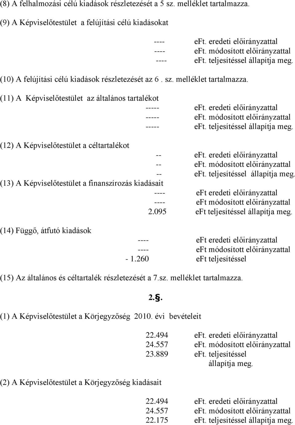 (11) A Képviselőtestület az általános tartalékot ----- eft. eredeti előirányzattal ----- eft. módosított előirányzattal ----- eft. teljesítéssel állapítja meg.