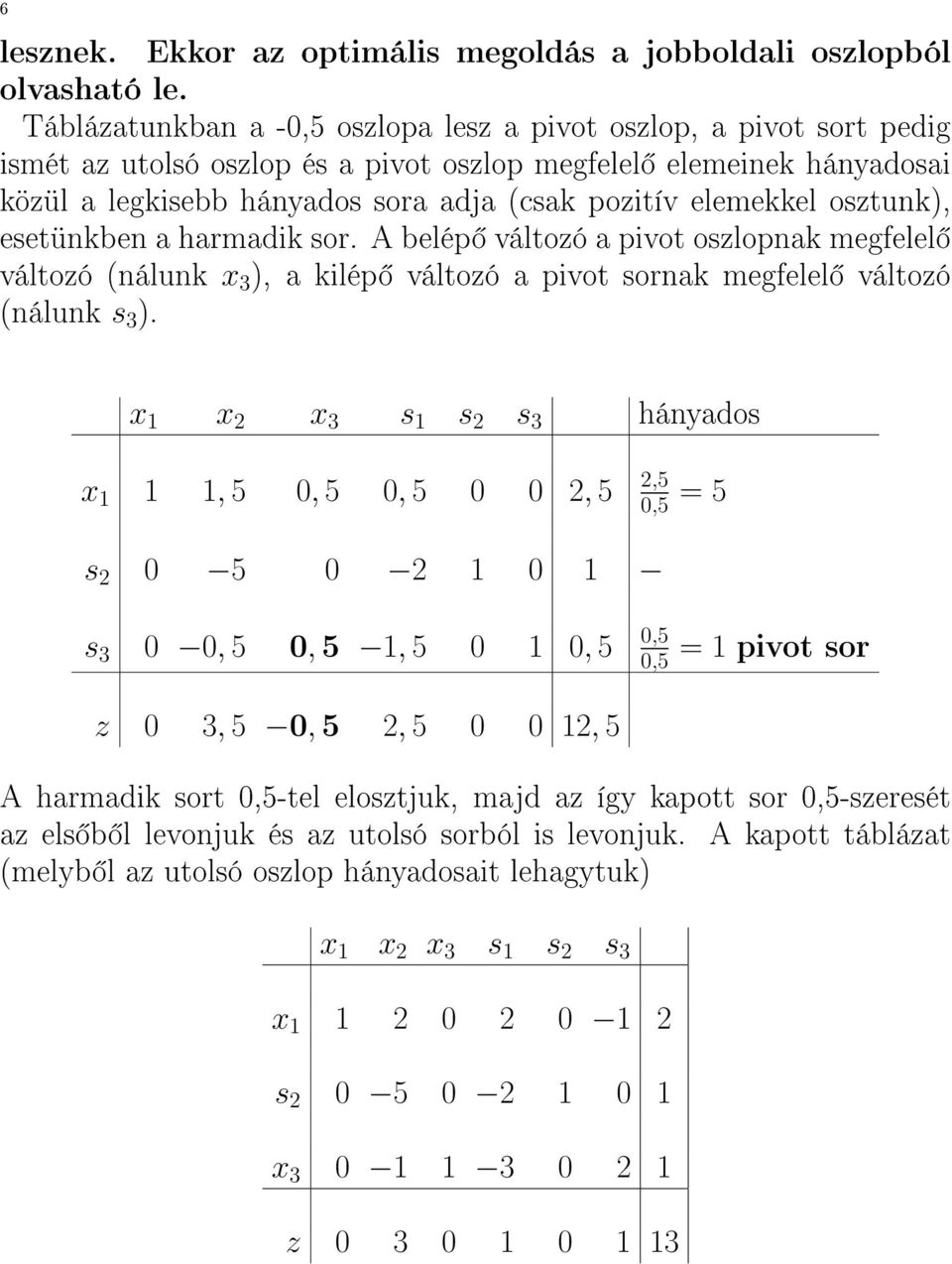 elemekkel osztunk), esetünkben a harmadik sor. A belép változó a pivot oszlopnak megfelel változó (nálunk x 3 ), a kilép változó a pivot sornak megfelel változó (nálunk s 3 ).