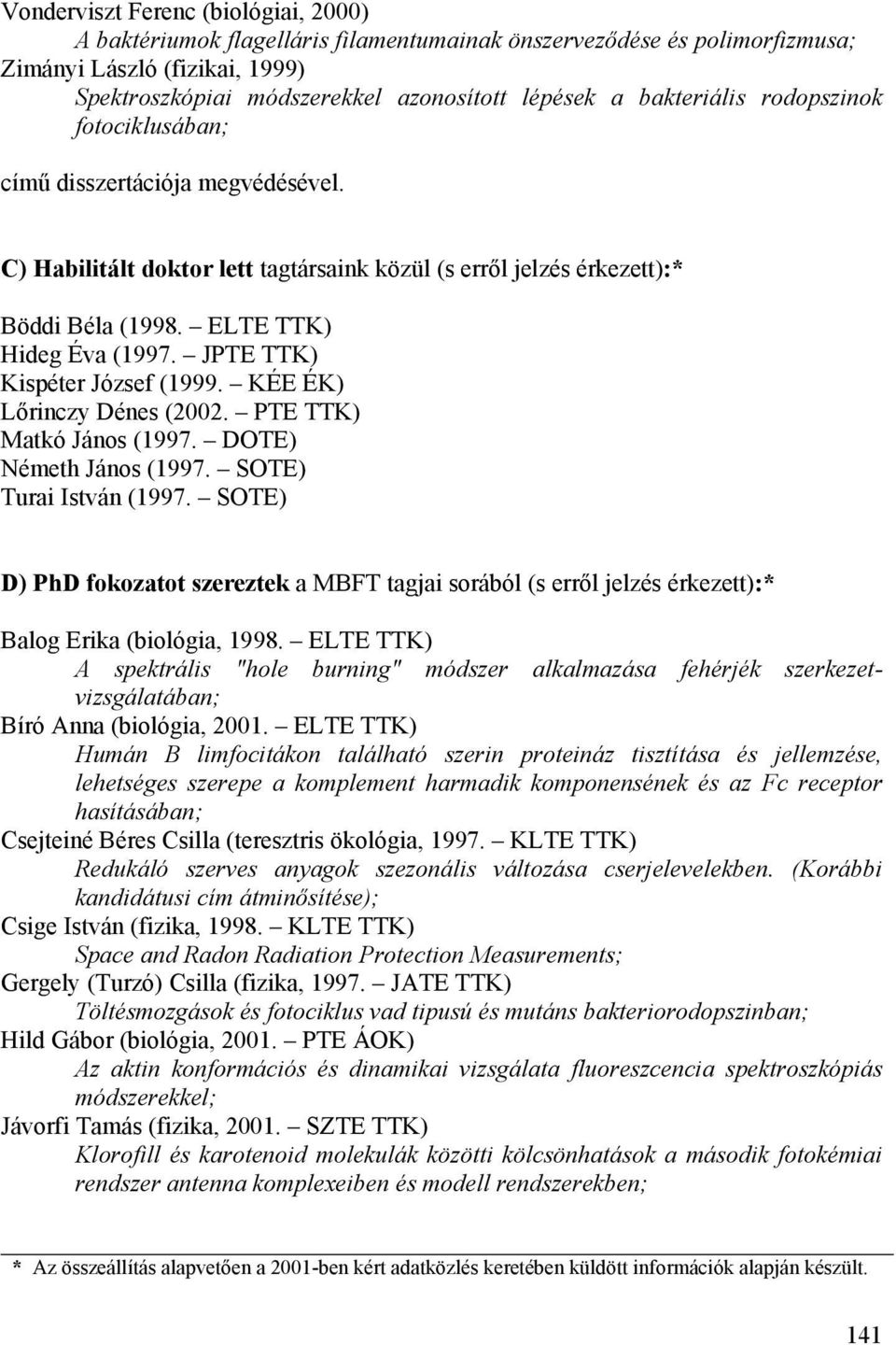 JPTE TTK) Kispéter József (1999. KÉE ÉK) Lőrinczy Dénes (2002. PTE TTK) Matkó János (1997. DOTE) Németh János (1997. SOTE) Turai István (1997.