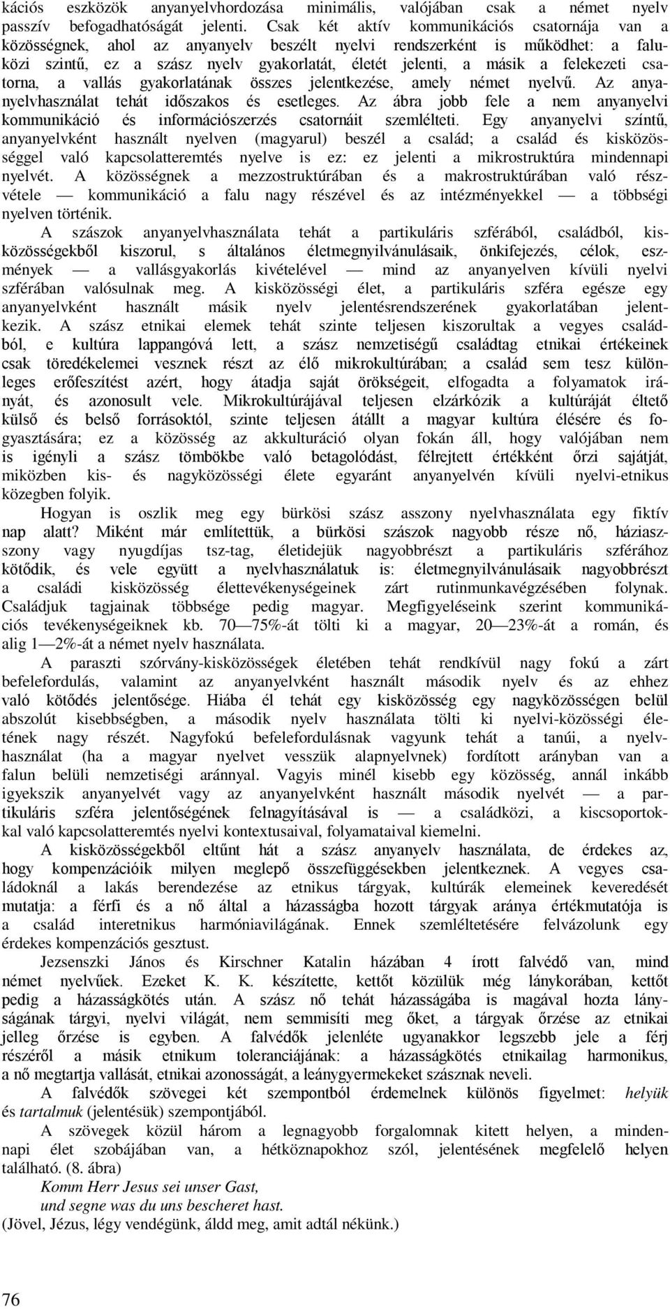 felekezeti csatorna, a vallás gyakorlatának összes jelentkezése, amely német nyelvű. Az anyanyelvhasználat tehát időszakos és esetleges.