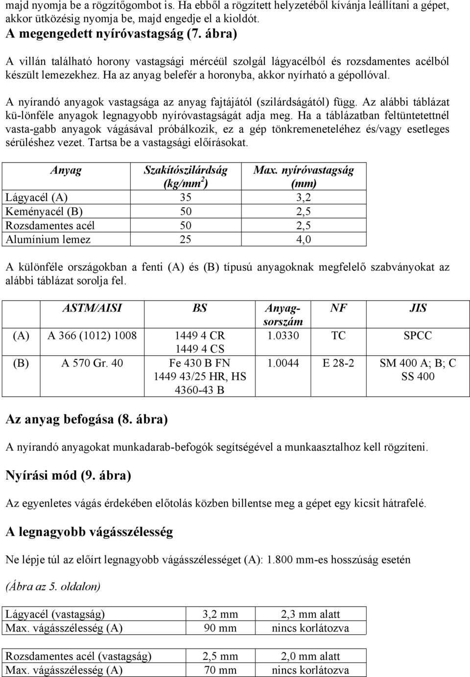 A nyírandó anyagok vastagsága az anyag fajtájától (szilárdságától) függ. Az alábbi táblázat kü-lönféle anyagok legnagyobb nyíróvastagságát adja meg.