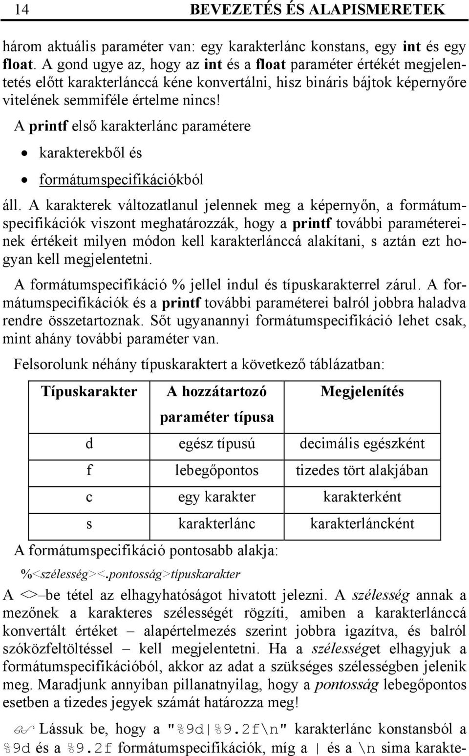 A printf első karakterlánc paramétere karakterekből és formátumspecifikációkból áll.