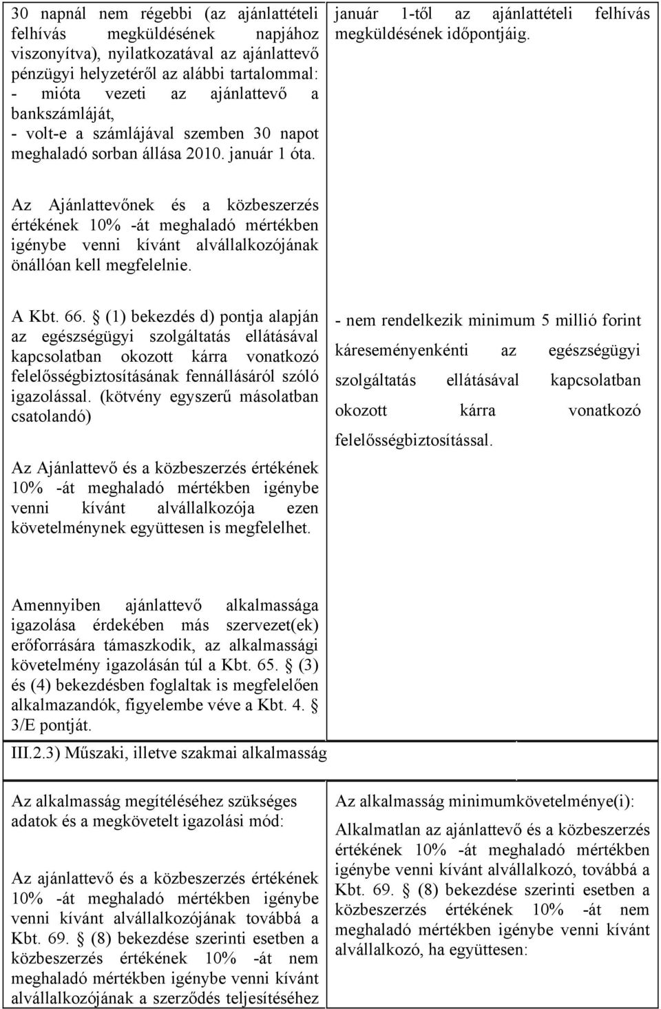 Az Ajánlattevőnek és a közbeszerzés értékének 10% -át meghaladó mértékben igénybe venni kívánt alvállalkozójának önállóan kell megfelelnie. A Kbt. 66.