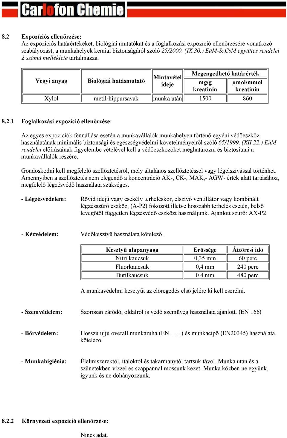 Vegyi anyag Biológiai hatásmutató Mintavétel ideje Megengedhető határérték mg/g kreatinin µmol/mmol kreatinin Xylol metil-hippursavak munka után 1500 860 8.2.