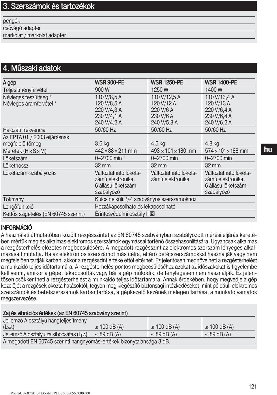 Löketszám-szabályozás Tokmány Lengőfunkció Kettős szigetelés (EN 60745 szerint) WSR 900-PE 900 W 110 V/8,5 A 120 V/8,5 A 220 V/4,3 A 230 V/4,1 A 240 V/4,2 A 50/60 Hz 3,6 kg 442 88 211 mm 0 2700 min 1