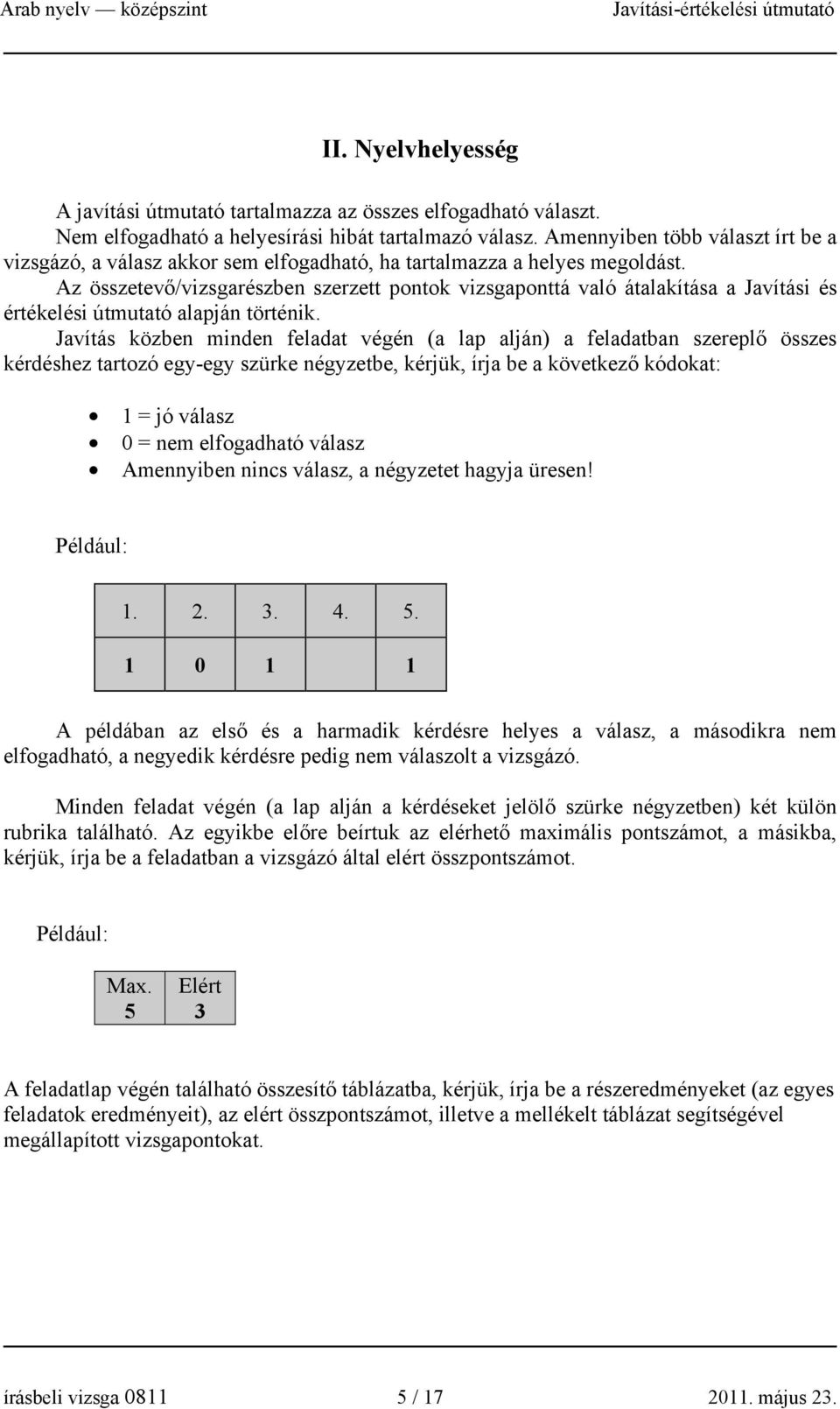 Az összetevő/vizsgarészben szerzett pontok vizsgaponttá való átalakítása a Javítási és értékelési útmutató alapján történik.
