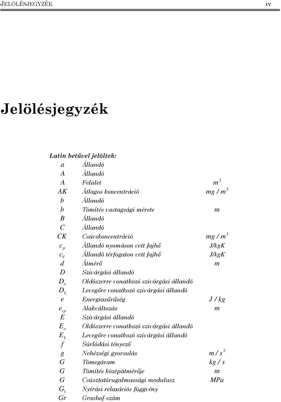 D L Levegőre vonatkozó szvárgás állandó e Energasűrűség J / kg e c Alakváltozás m E Szvárgás állandó E o Oldószerre vonatkozó szvárgás állandó E L Levegőre vonatkozó szvárgás