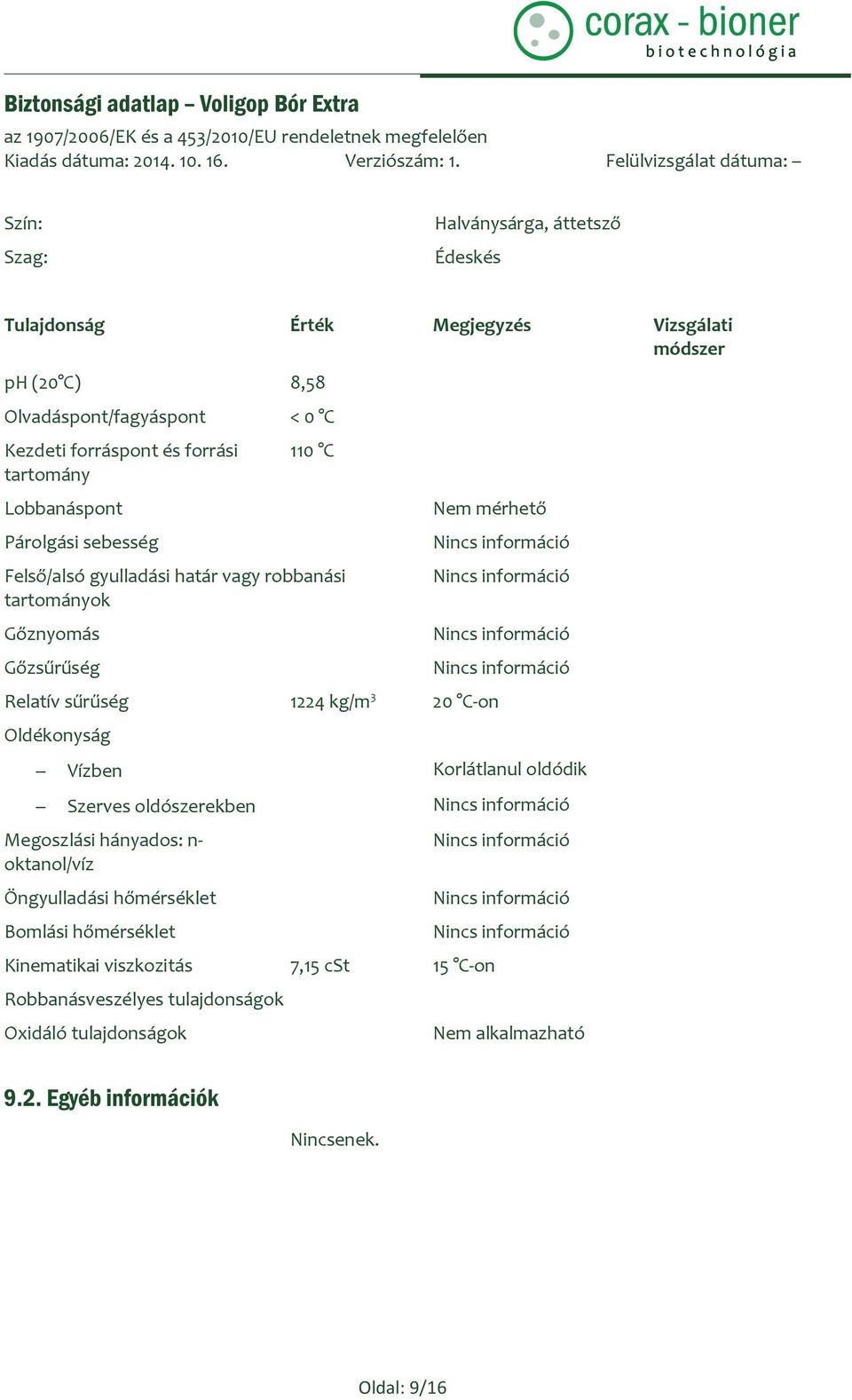 információ Nincs információ Nincs információ Vízben Korlátlanul oldódik Szerves oldószerekben Nincs információ Megoszlási hányados: n- oktanol/víz Öngyulladási hőmérséklet Bomlási hőmérséklet