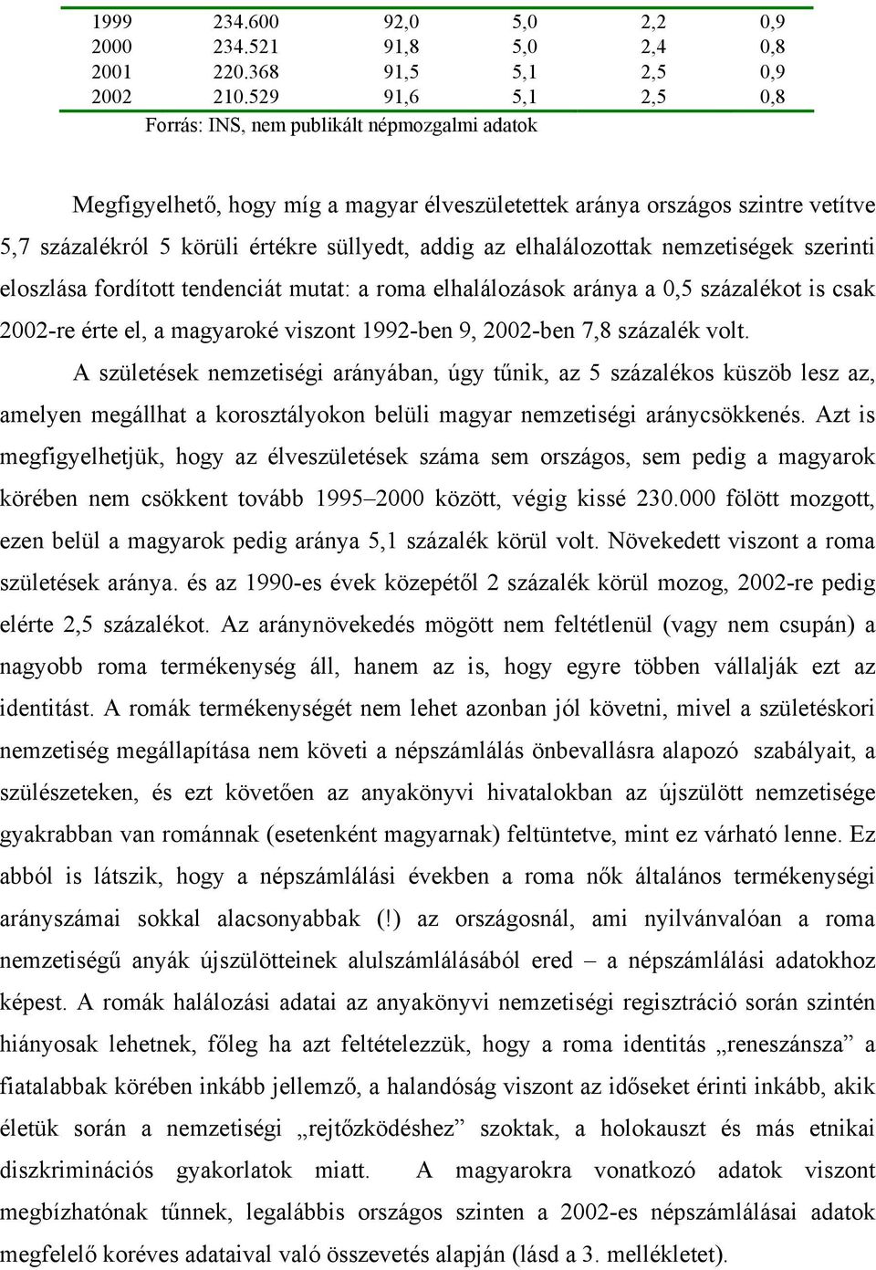 elhalálozottak nemzetiségek szerinti eloszlása fordított tendenciát mutat: a roma elhalálozások aránya a 0,5 százalékot is csak 2002-re érte el, a magyaroké viszont 1992-ben 9, 2002-ben 7,8 százalék