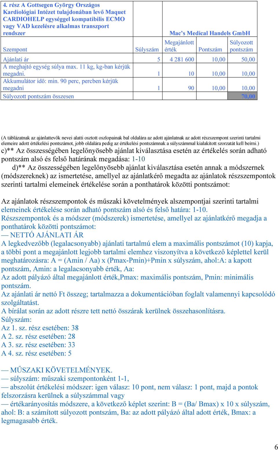 90 perc, percben kérjük megadni 1 90 10,00 10,00 Súlyozott pontszám összesen 70,00 (A táblázatnak az ajánlattevők nevei alatti osztott oszlopainak bal oldalára az adott ajánlatnak az adott