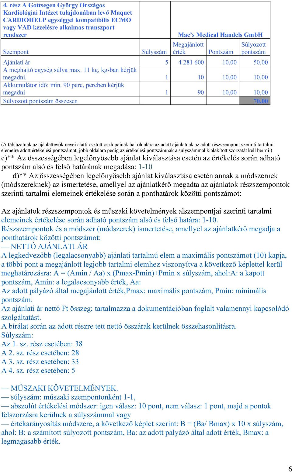 90 perc, percben kérjük megadni 1 90 10,00 10,00 Súlyozott pontszám összesen 70,00 (A táblázatnak az ajánlattevők nevei alatti osztott oszlopainak bal oldalára az adott ajánlatnak az adott