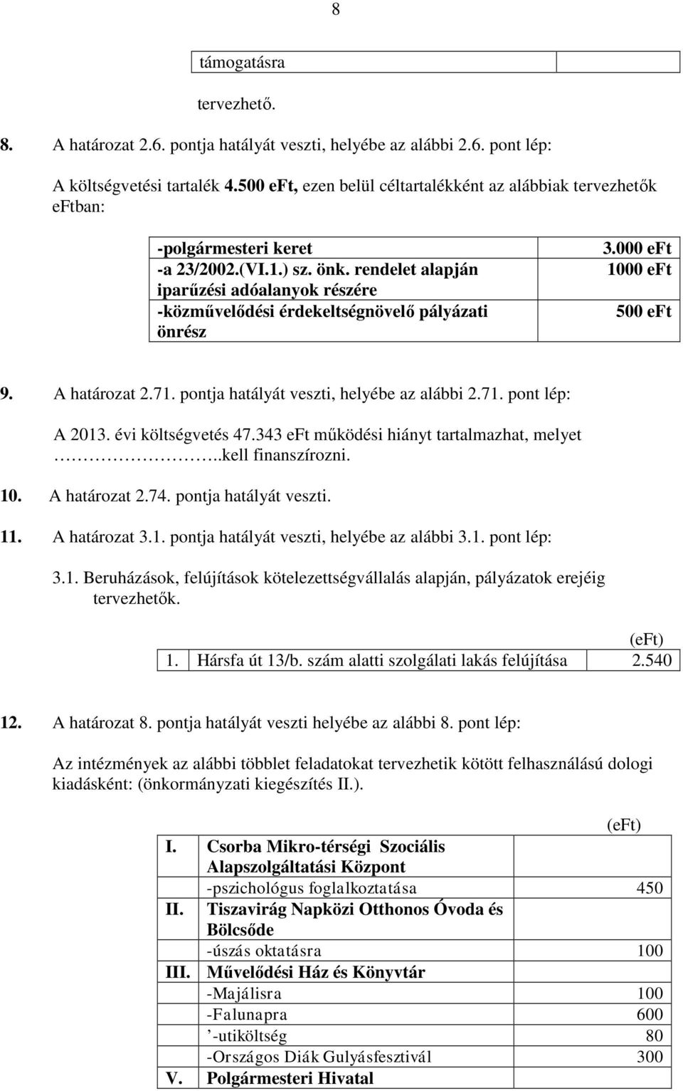 rendelet alapján iparűzési adóalanyok részére -közművelődési érdekeltségnövelő pályázati önrész 3.000 eft 1000 eft 500 eft 9. A határozat 2.71. pontja hatályát veszti, helyébe az alábbi 2.71. pont lép: A 2013.