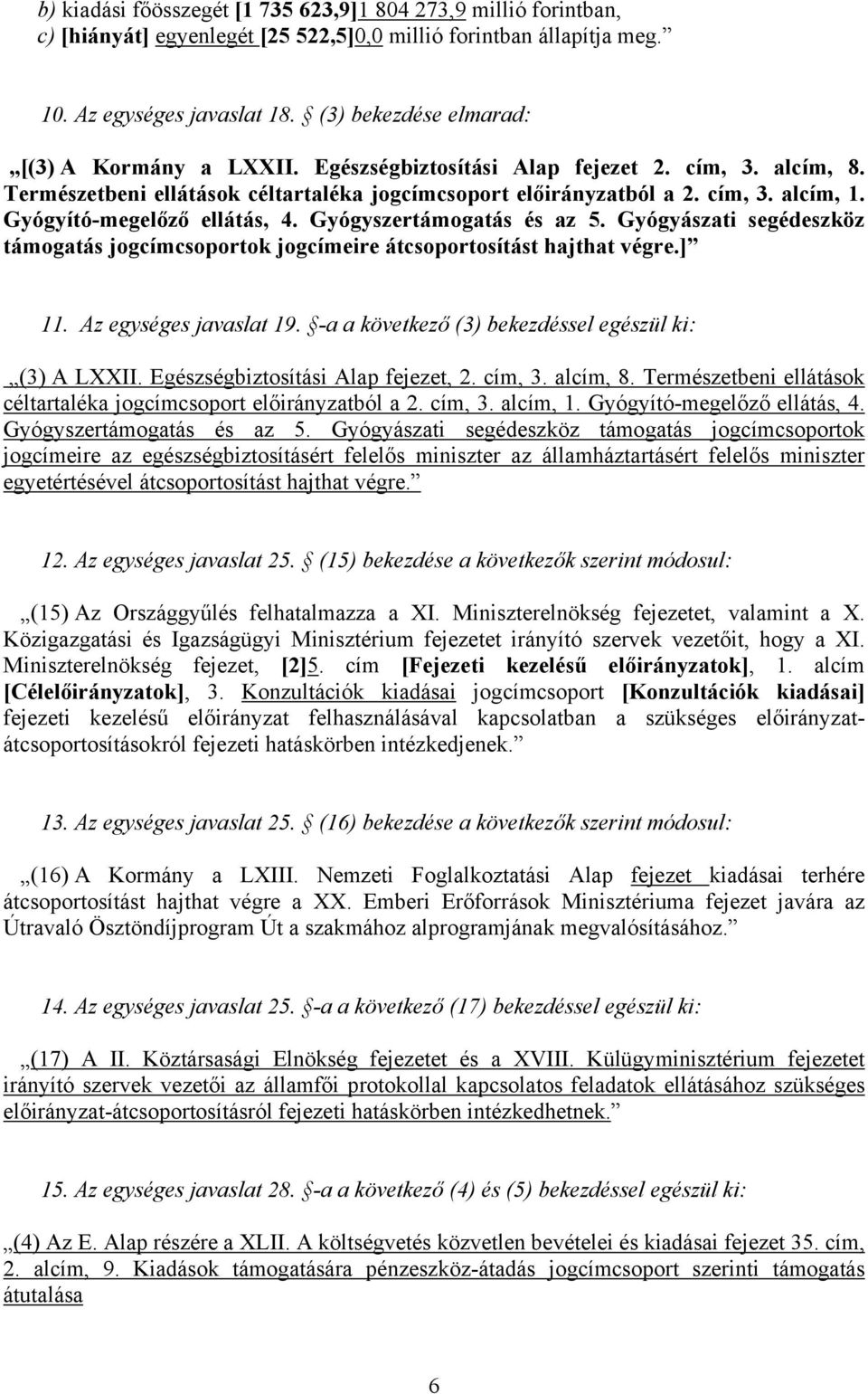 Gyógyító-megelőző ellátás, 4. Gyógyszertámogatás és az 5. Gyógyászati segédeszköz támogatás jogcímcsoportok jogcímeire átcsoportosítást hajthat végre.] 11. Az egységes javaslat 19.