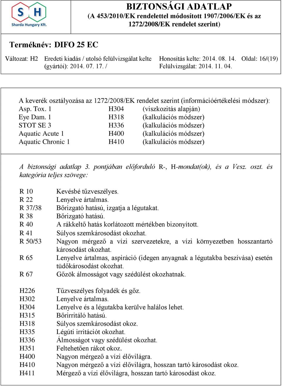 pontjában előforduló R-, H-mondat(ok), és a Vesz. oszt.