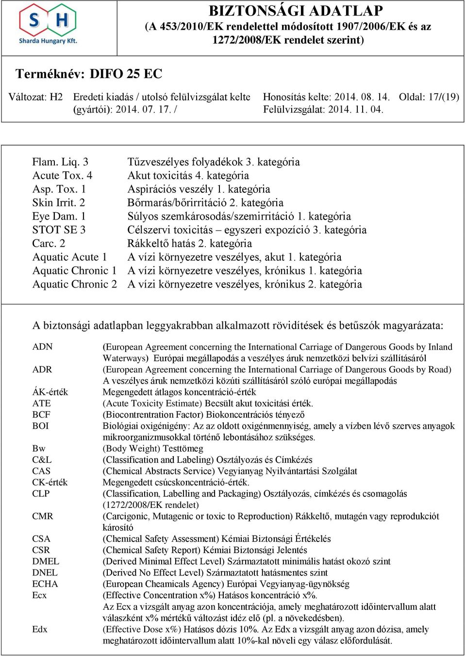 kategória Aquatic Acute 1 A vízi környezetre veszélyes, akut 1. kategória Aquatic Chronic 1 A vízi környezetre veszélyes, krónikus 1.