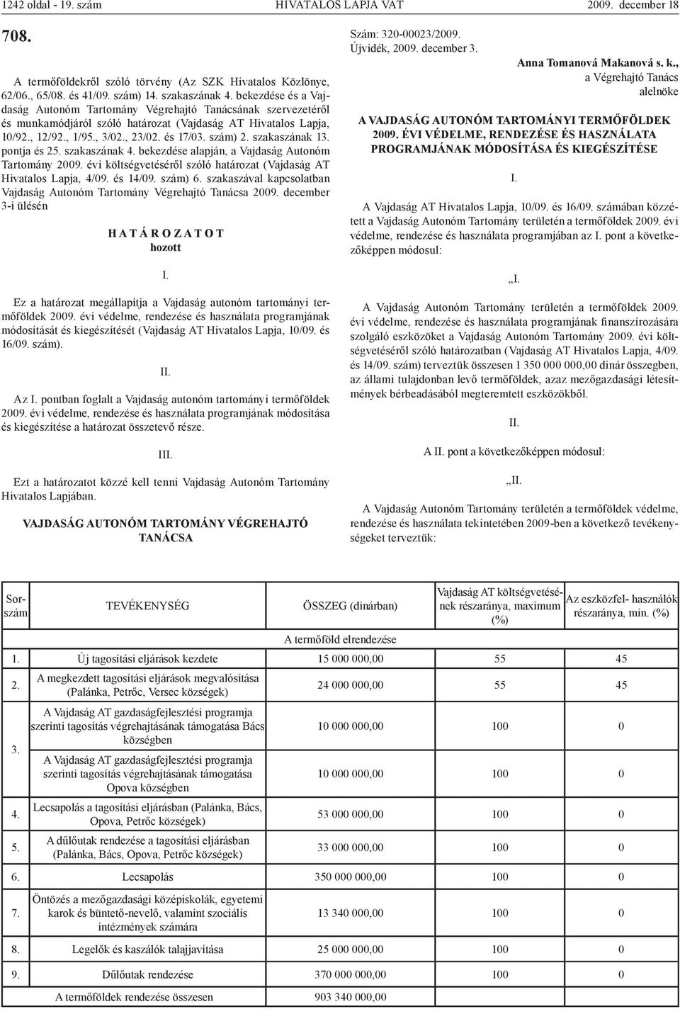 bekezdése alapján, a Vajdaság Autonóm Tartomány 2009. évi költségvetéséről szóló határozat (Vajdaság AT Hivatalos Lapja, 4/09. és 14/09. szám) 6.