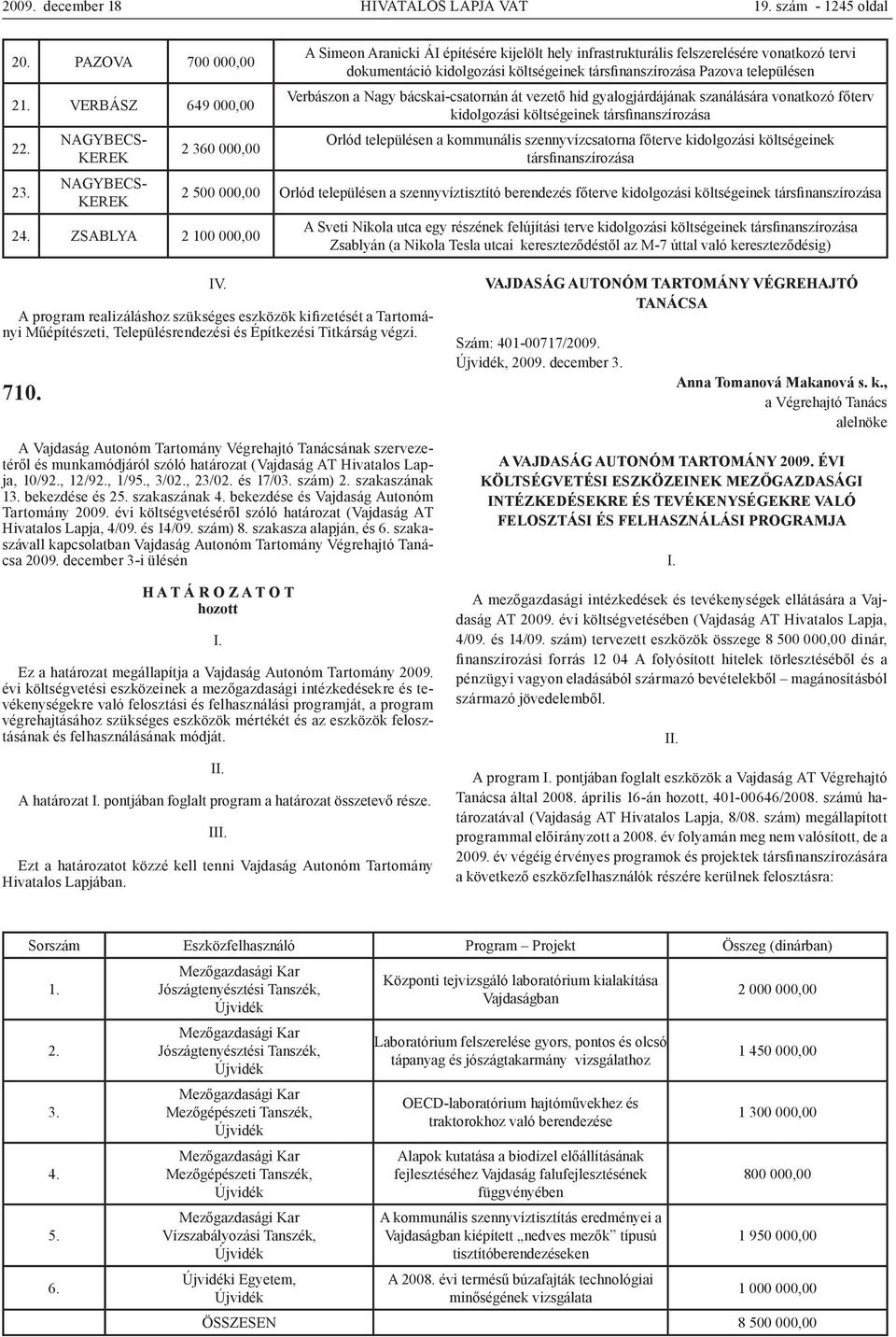 Verbászon a Nagy bácskai-csatornán át vezető híd gyalogjárdájának szanálására vonatkozó főterv kidolgozási költségeinek társfinanszírozása Orlód településen a kommunális szennyvízcsatorna főterve