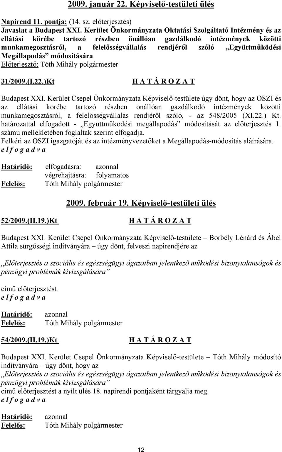 Együttműködési Megállapodás módosítására 31/2009.(I.22.)Kt Budapest XXI.