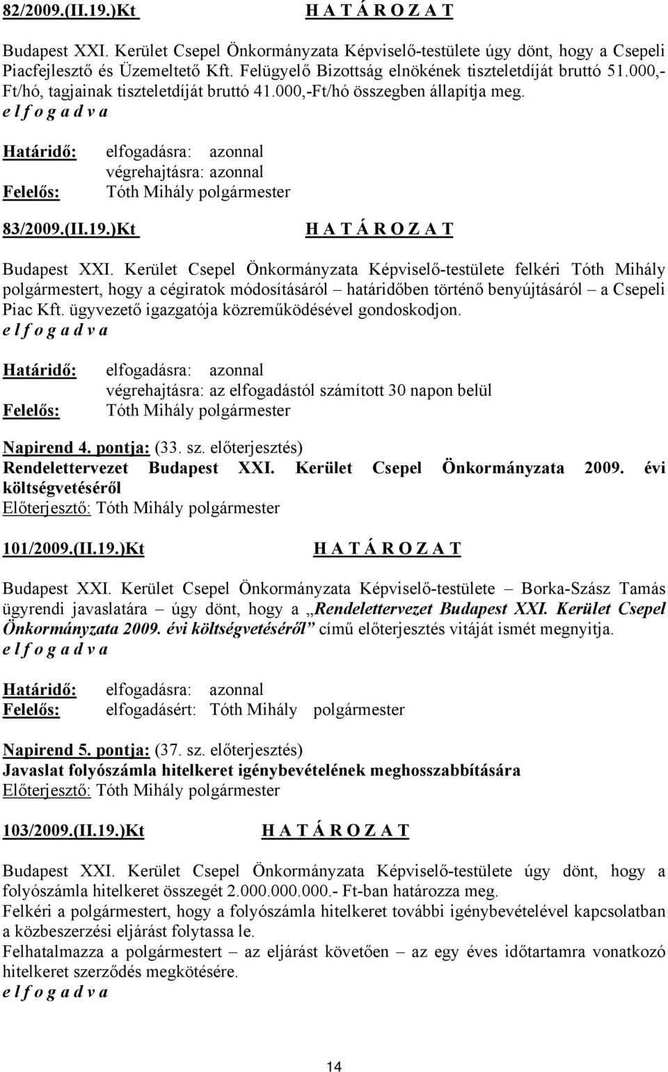 Kerület Csepel Önkormányzata Képviselő-testülete felkéri Tóth Mihály polgármestert, hogy a cégiratok módosításáról határidőben történő benyújtásáról a Csepeli Piac Kft.