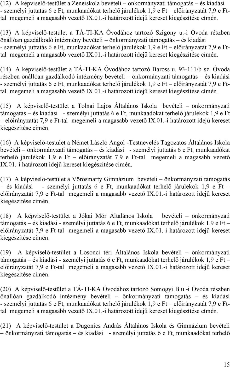 -i Óvoda részben önállóan gazdálkodó intézmény bevételi önkormányzati támogatás és kiadási - személyi juttatás 6 e Ft, munkaadókat terhelő járulékok 1,9 e Ft előirányzatát 7,9 e Fttal megemeli a