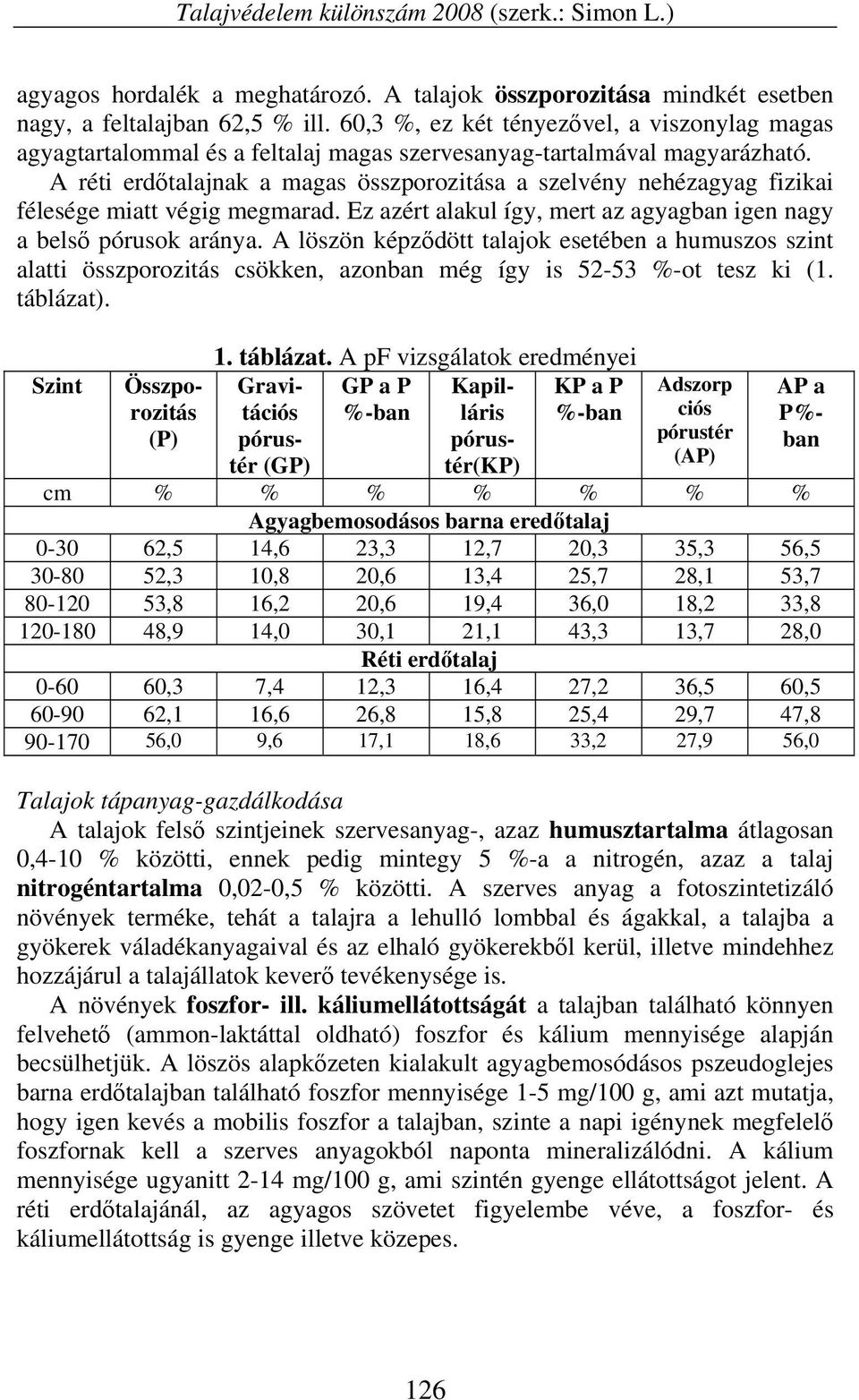 A réti erdőtalajnak a magas összporozitása a szelvény nehézagyag fizikai félesége miatt végig megmarad. Ez azért alakul így, mert az agyagban igen nagy a belső pórusok aránya.